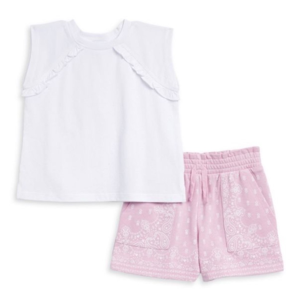 Splendid Toddler Girls Bandana Ruffle Tee Sweat Short Set Baby Pink T-Shirt 2T